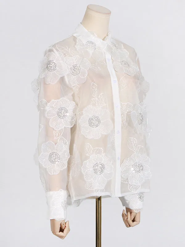 Long Sleeves Loose Buttoned Embroidered See-Through Three-Dimensional Flower Lapel Blouses&Shirts Tops