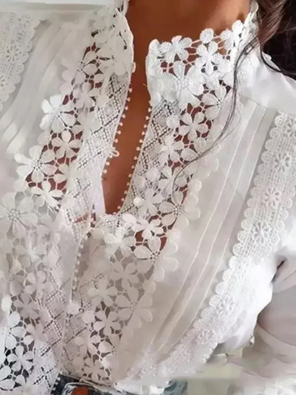 Long Sleeves Loose Buttoned Embroidered Solid Color Split-Joint Stand Collar Blouses&Shirts Tops