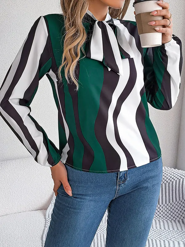 Long Sleeves Loose Contrast Color Elasticity Striped Tied Mock Neck Blouses&Shirts Tops