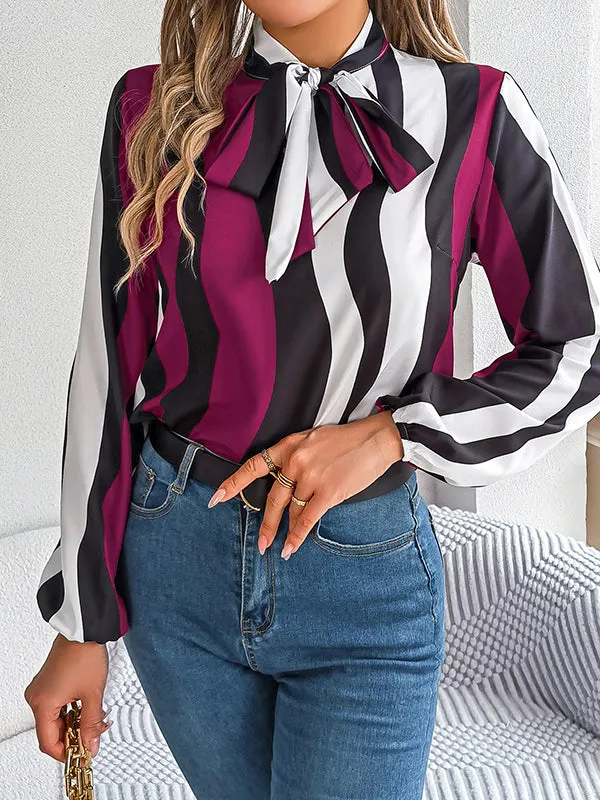 Long Sleeves Loose Contrast Color Elasticity Striped Tied Mock Neck Blouses&Shirts Tops