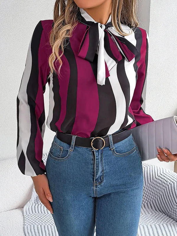 Long Sleeves Loose Contrast Color Elasticity Striped Tied Mock Neck Blouses&Shirts Tops
