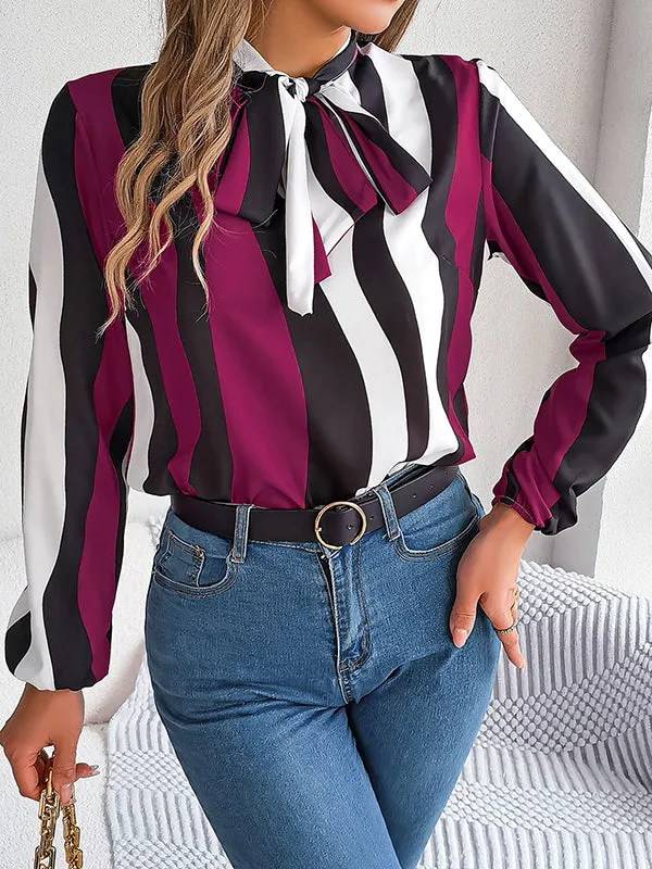 Long Sleeves Loose Contrast Color Elasticity Striped Tied Mock Neck Blouses&Shirts Tops