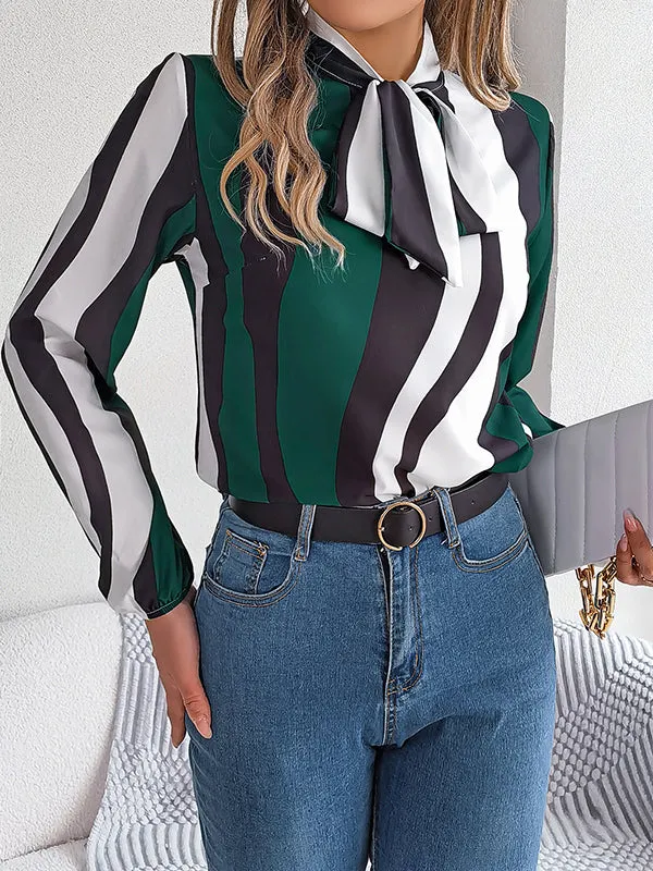 Long Sleeves Loose Contrast Color Elasticity Striped Tied Mock Neck Blouses&Shirts Tops