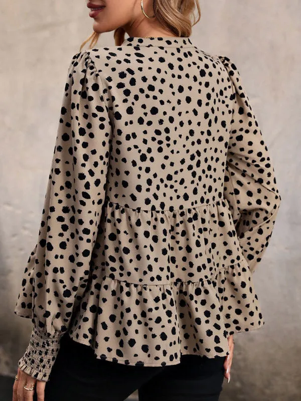 Long Sleeves Loose Elasticity Polka-Dot Split-Joint V-Neck Blouses&Shirts Tops