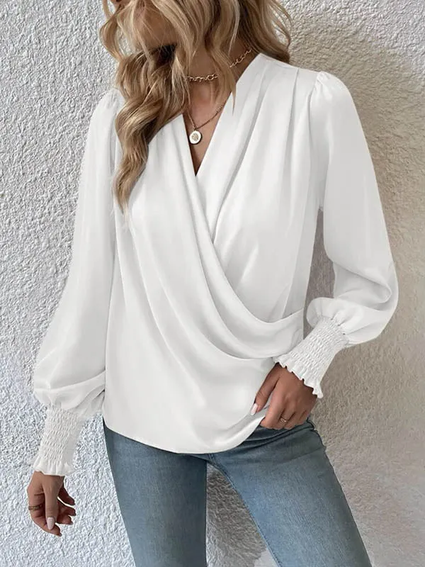 Long Sleeves Loose Elasticity Solid Color V-Neck Blouses&Shirts Tops