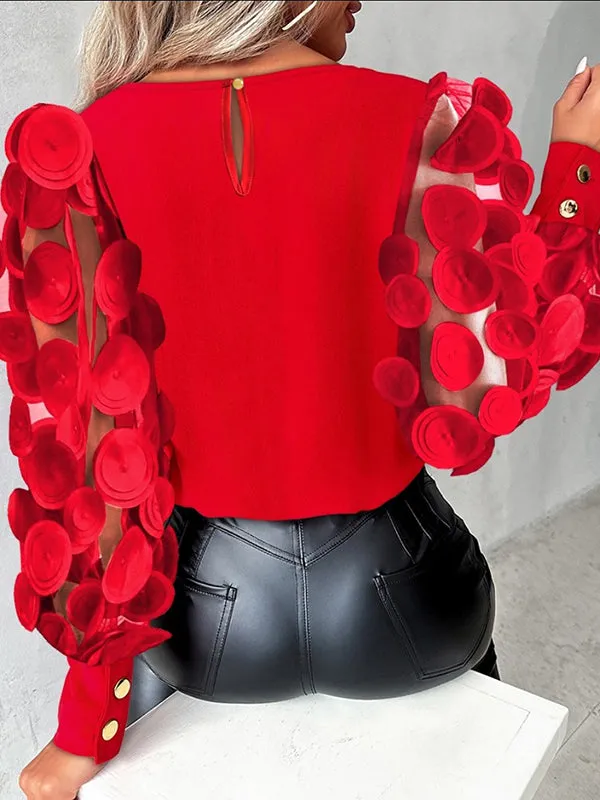 Long Sleeves Loose Mesh Polka-Dot Solid Color Split-Joint Round-Neck Blouses&Shirts Tops