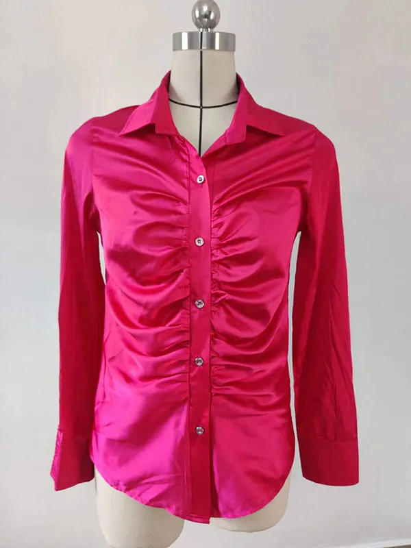 Long Sleeves Pleated Solid Color Lapel Blouses&Shirts Tops