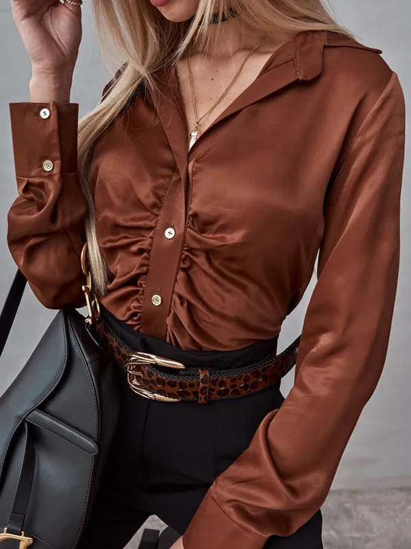 Long Sleeves Pleated Solid Color Lapel Blouses&Shirts Tops