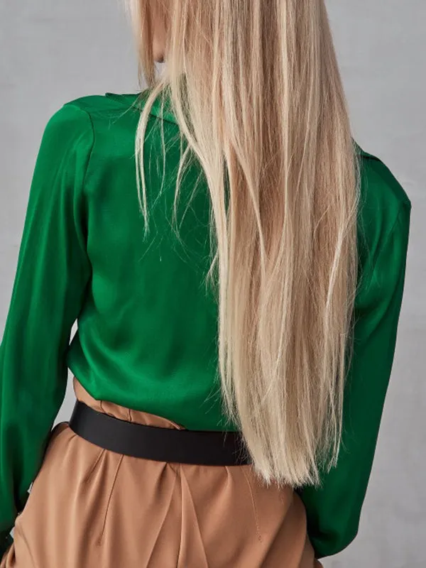 Long Sleeves Pleated Solid Color Lapel Blouses&Shirts Tops