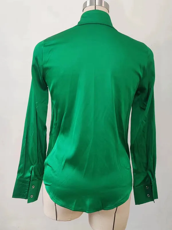 Long Sleeves Pleated Solid Color Lapel Blouses&Shirts Tops