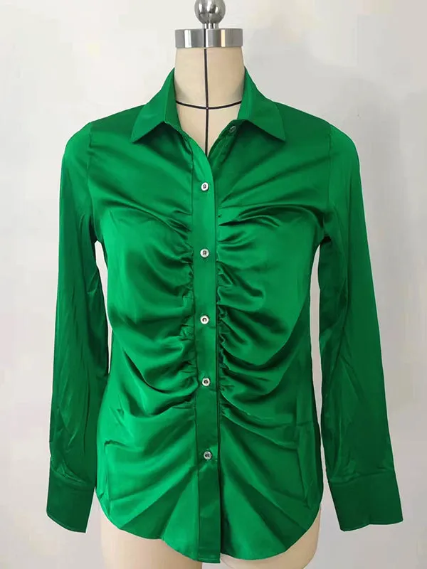 Long Sleeves Pleated Solid Color Lapel Blouses&Shirts Tops