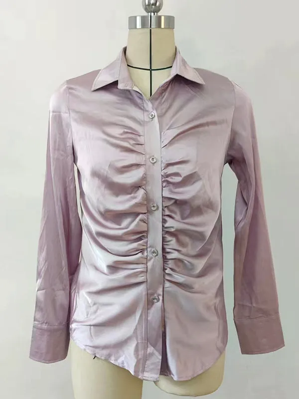 Long Sleeves Pleated Solid Color Lapel Blouses&Shirts Tops