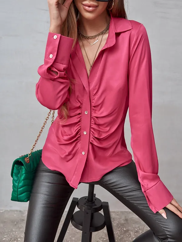 Long Sleeves Pleated Solid Color Lapel Blouses&Shirts Tops