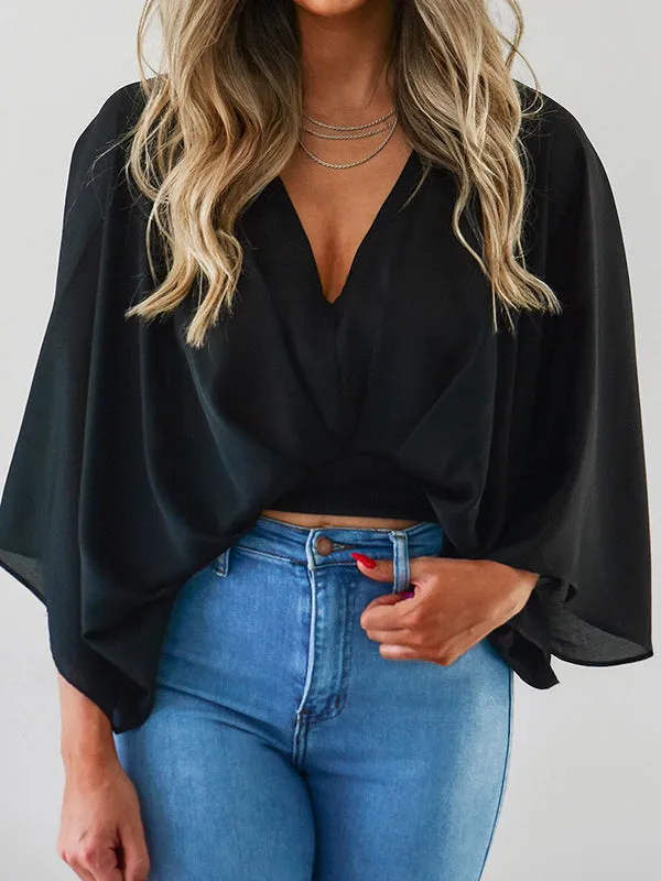 Loose Three-Quarter Sleeves Solid Color Deep V-Neck Blouses&Shirts Tops