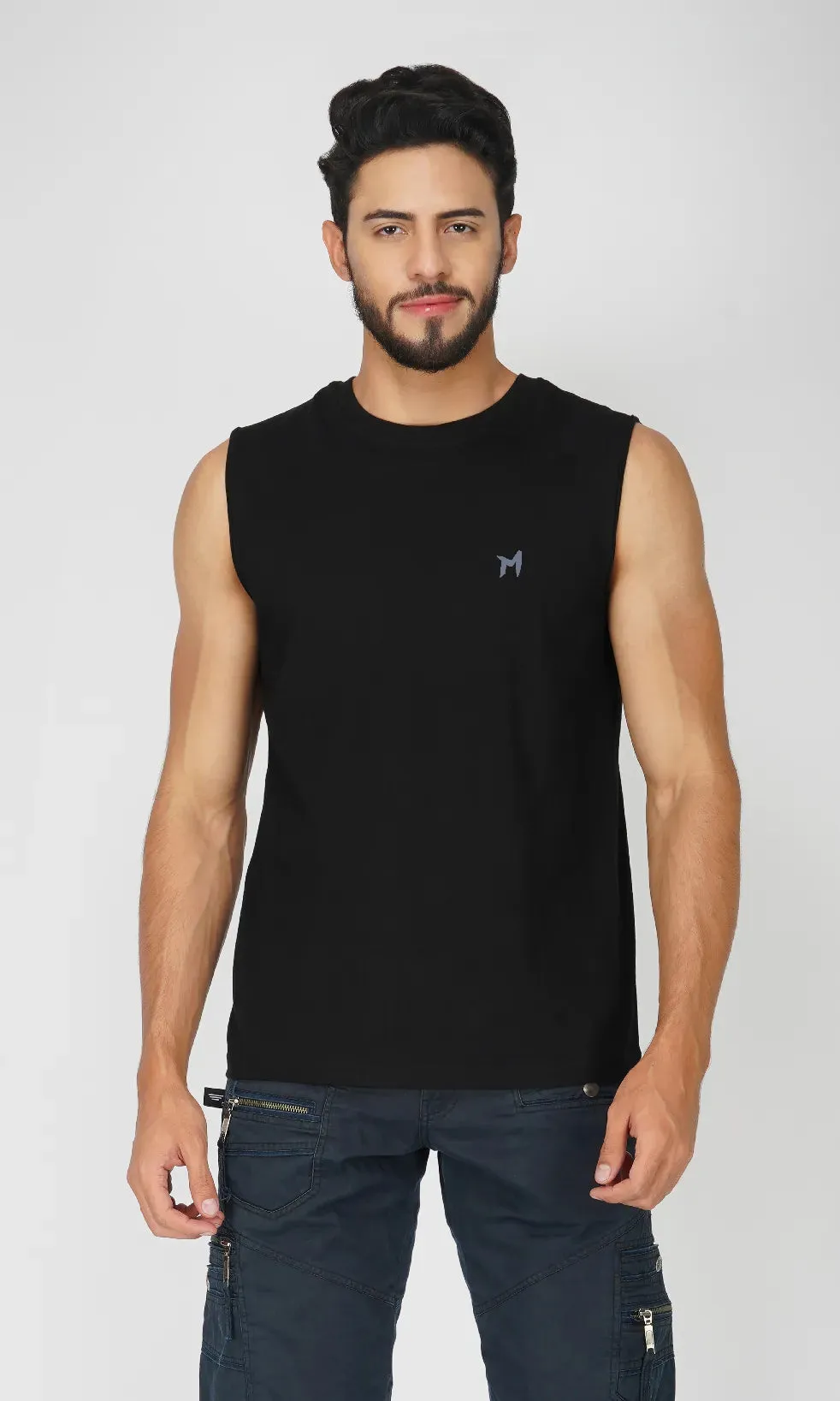 Mebadass Cotton Men's Sleeveless Regular Size Vests - Black