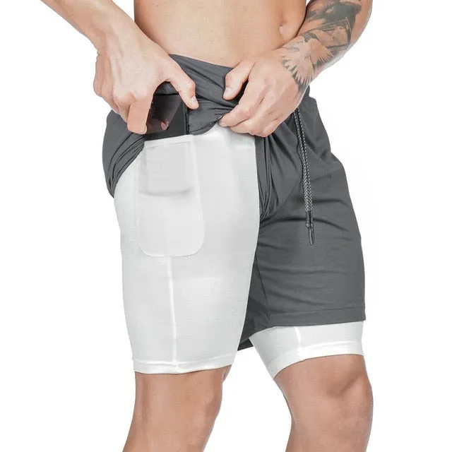 Men 2 in 1 Running Shorts Jogging Gym Fitness Training Quick Dry