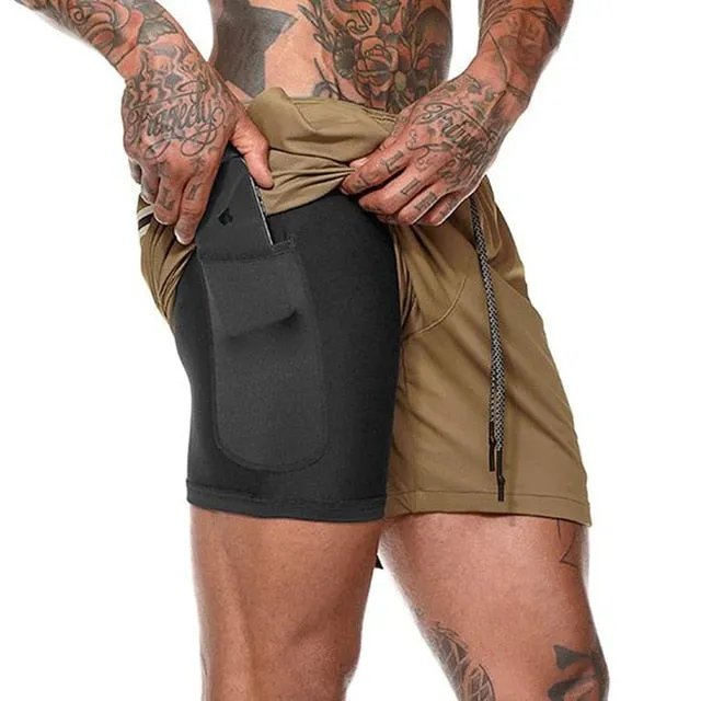 Men 2 in 1 Running Shorts Jogging Gym Fitness Training Quick Dry