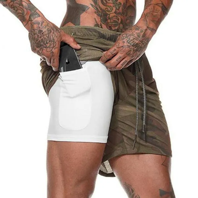 Men 2 in 1 Running Shorts Jogging Gym Fitness Training Quick Dry