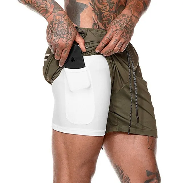 Men 2 in 1 Running Shorts Jogging Gym Fitness Training Quick Dry