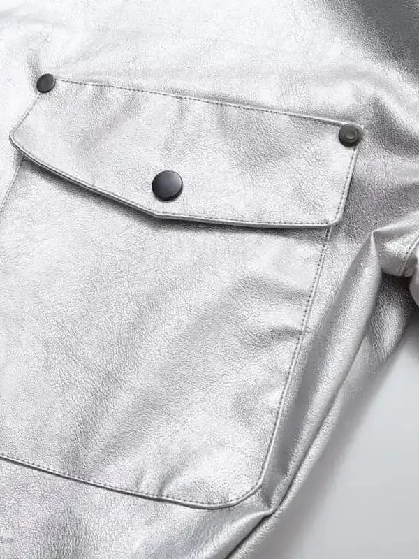 New street trendy long sleeve lapel silver leather jacket loose coat