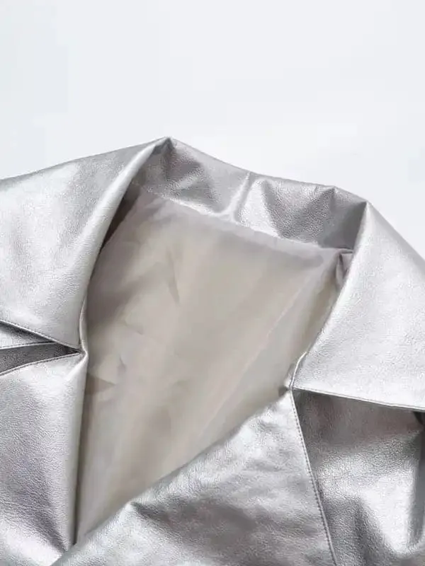 New street trendy long sleeve lapel silver leather jacket loose coat