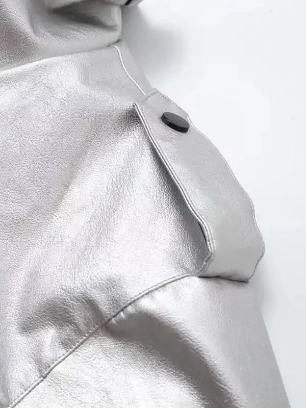 New street trendy long sleeve lapel silver leather jacket loose coat