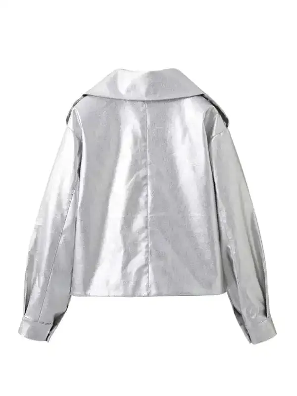 New street trendy long sleeve lapel silver leather jacket loose coat