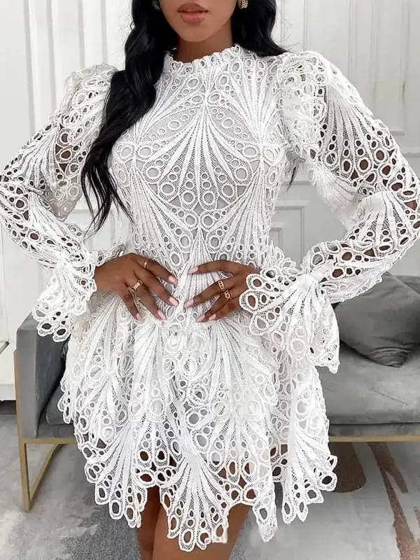 New women’s elegant white lace hollow dress