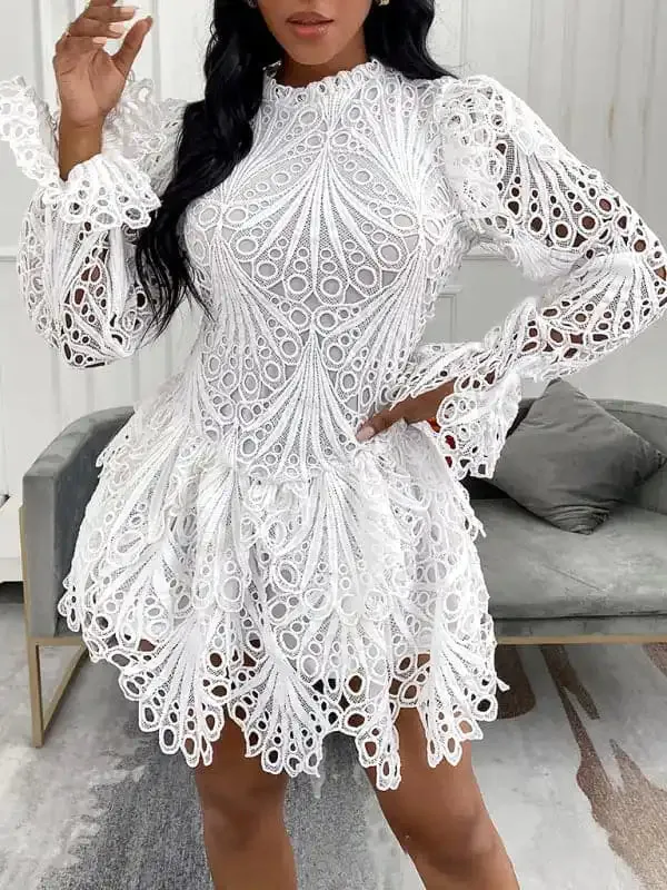 New women’s elegant white lace hollow dress