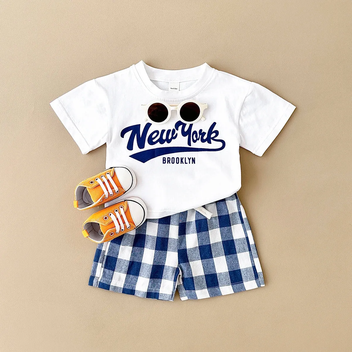 New York Short Sleeved Tee & Checkered Shorts Set