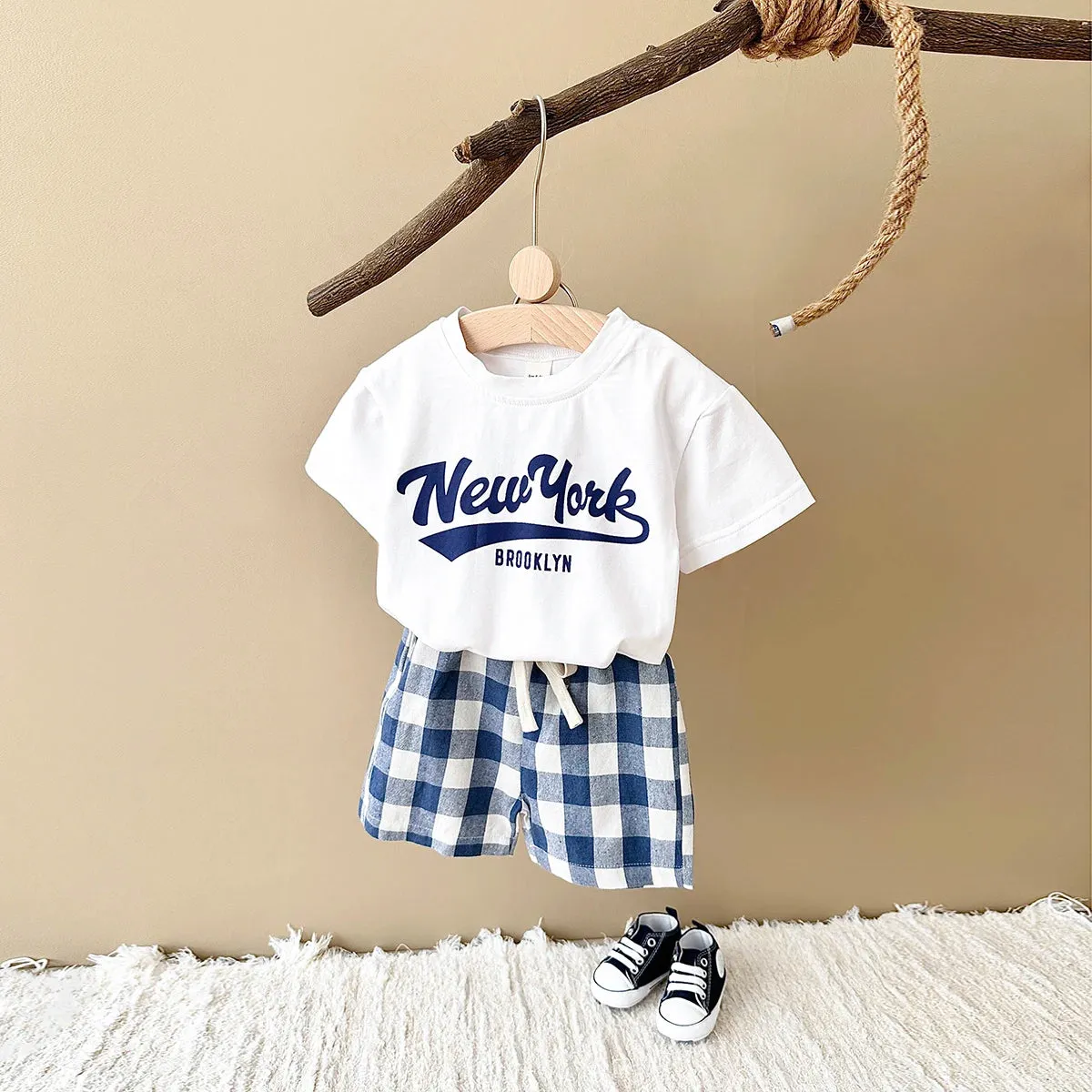 New York Short Sleeved Tee & Checkered Shorts Set