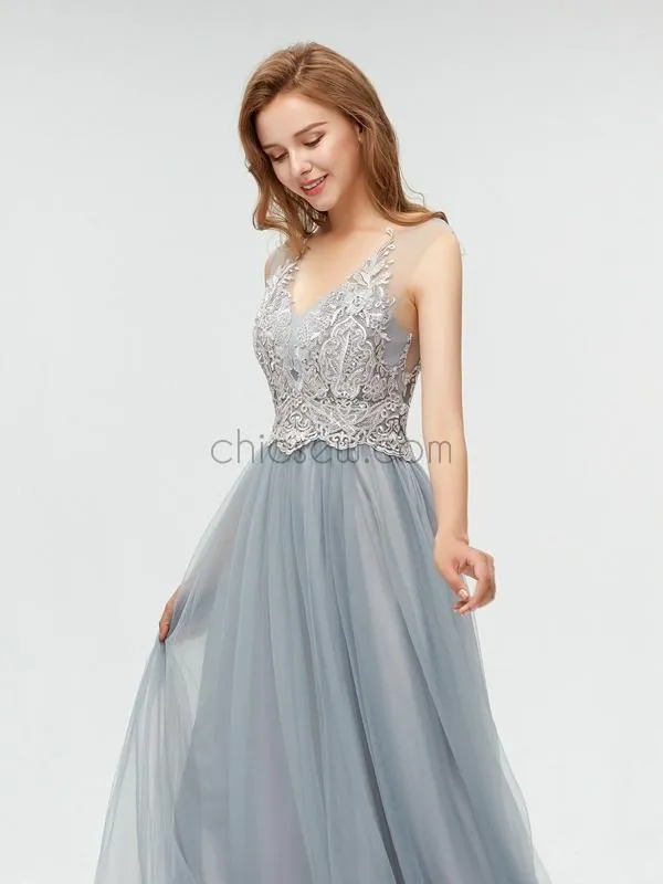 Popular Lace Top A-line Sleeveless Tulle Elegant Bridesmaid Dresses, YKX006