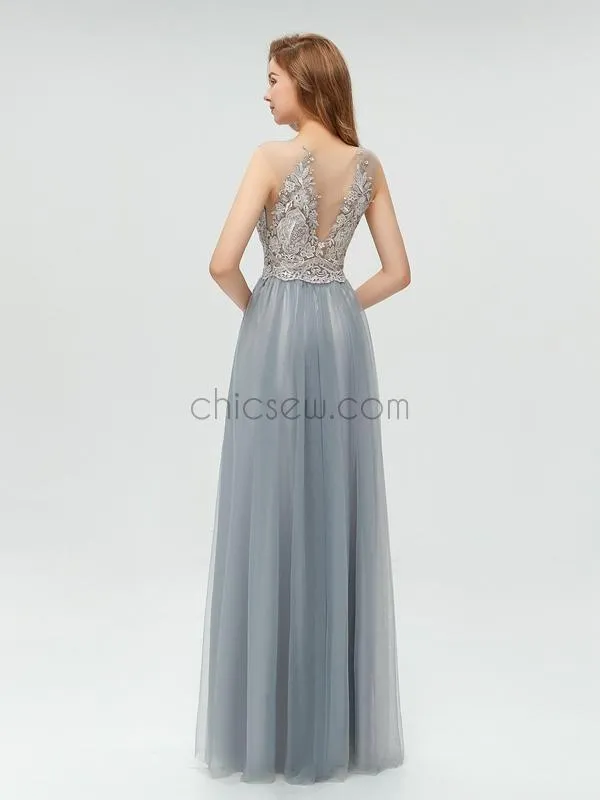 Popular Lace Top A-line Sleeveless Tulle Elegant Bridesmaid Dresses, YKX006