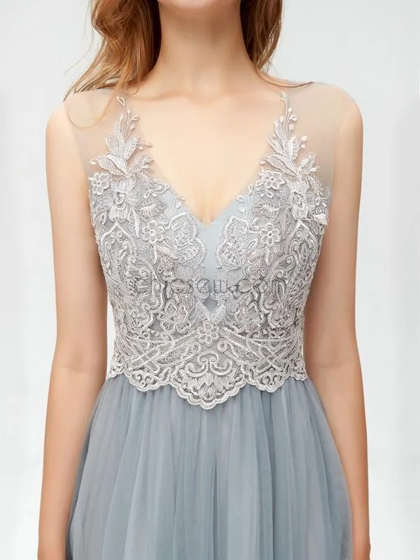 Popular Lace Top A-line Sleeveless Tulle Elegant Bridesmaid Dresses, YKX006