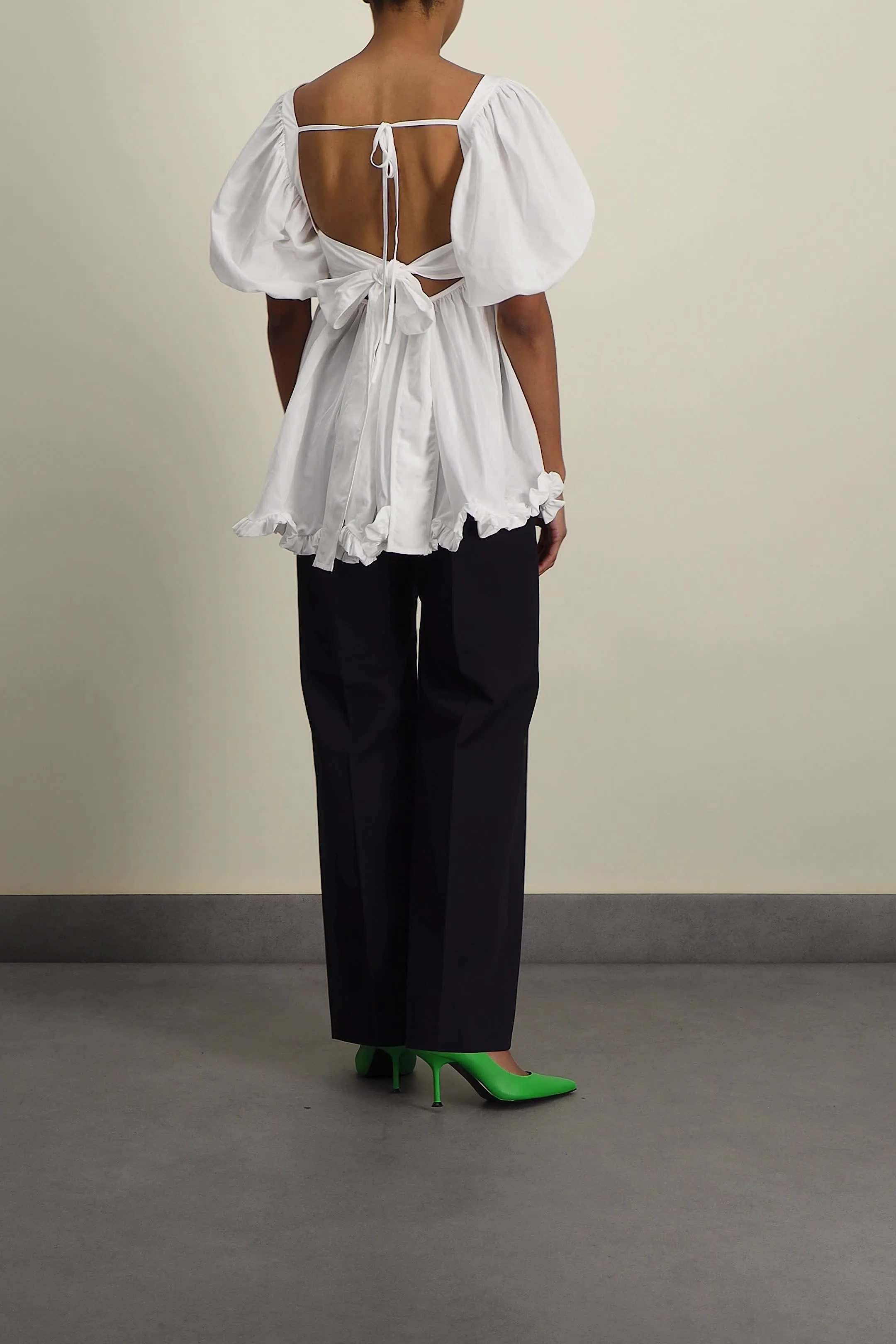 Puff sleeve recycled faille blouse with scallop hem