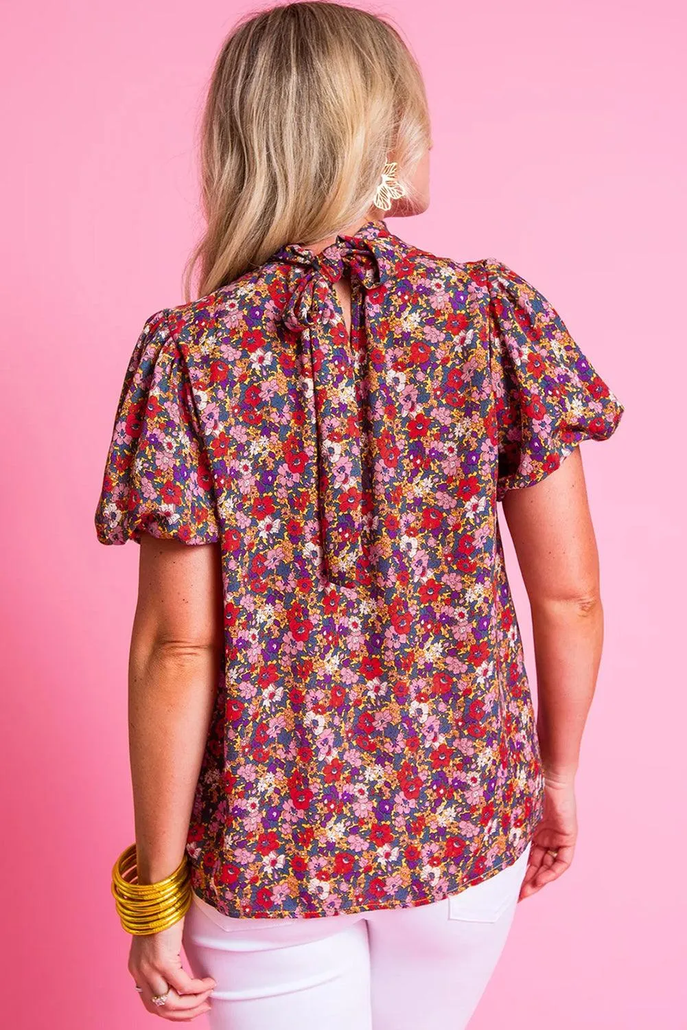Purple Print Knotted High Neck Puff Sleeve Blouse for Ladies
