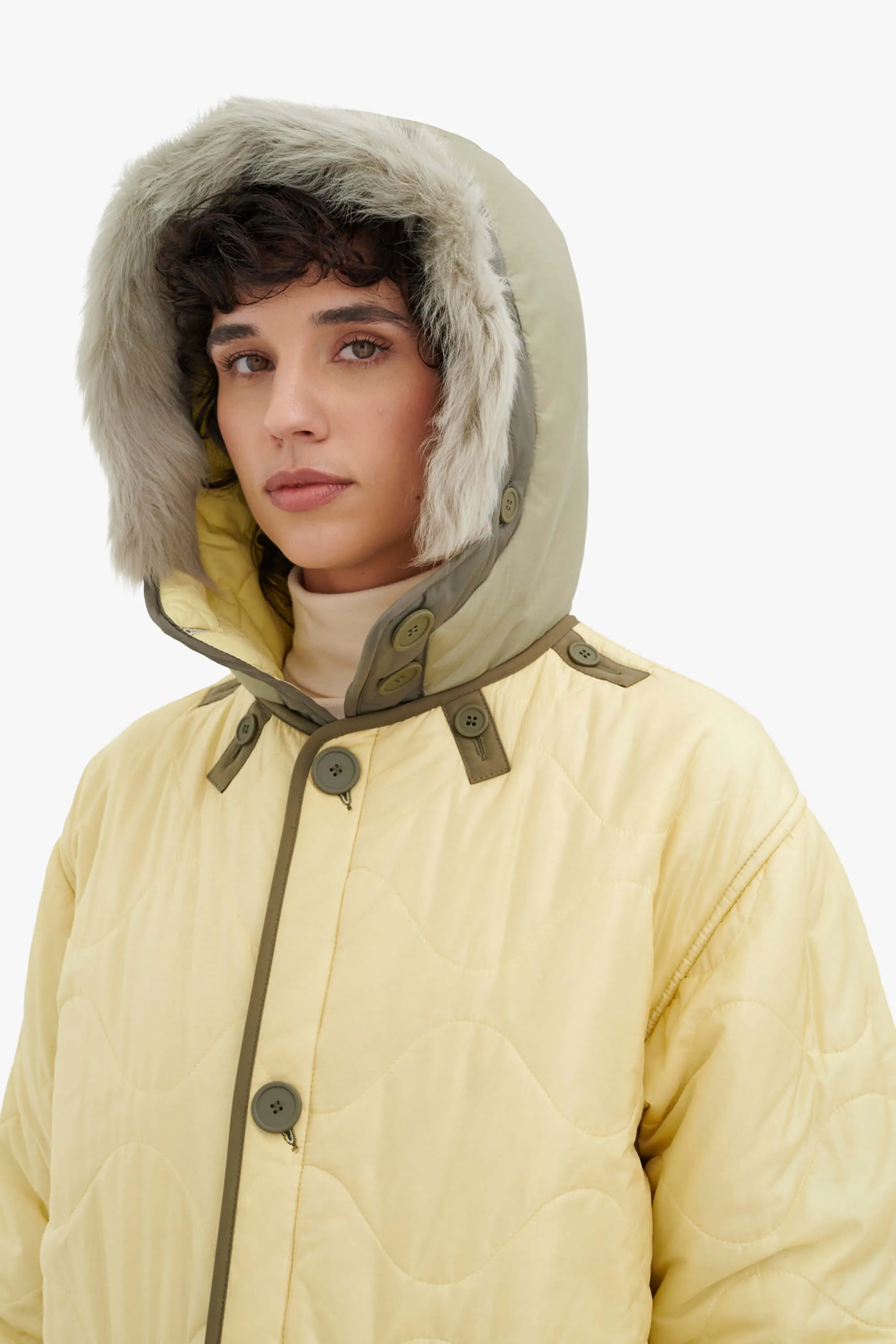 Quilt Hood Shearling Trim - Pale Sage / Pale Yellow