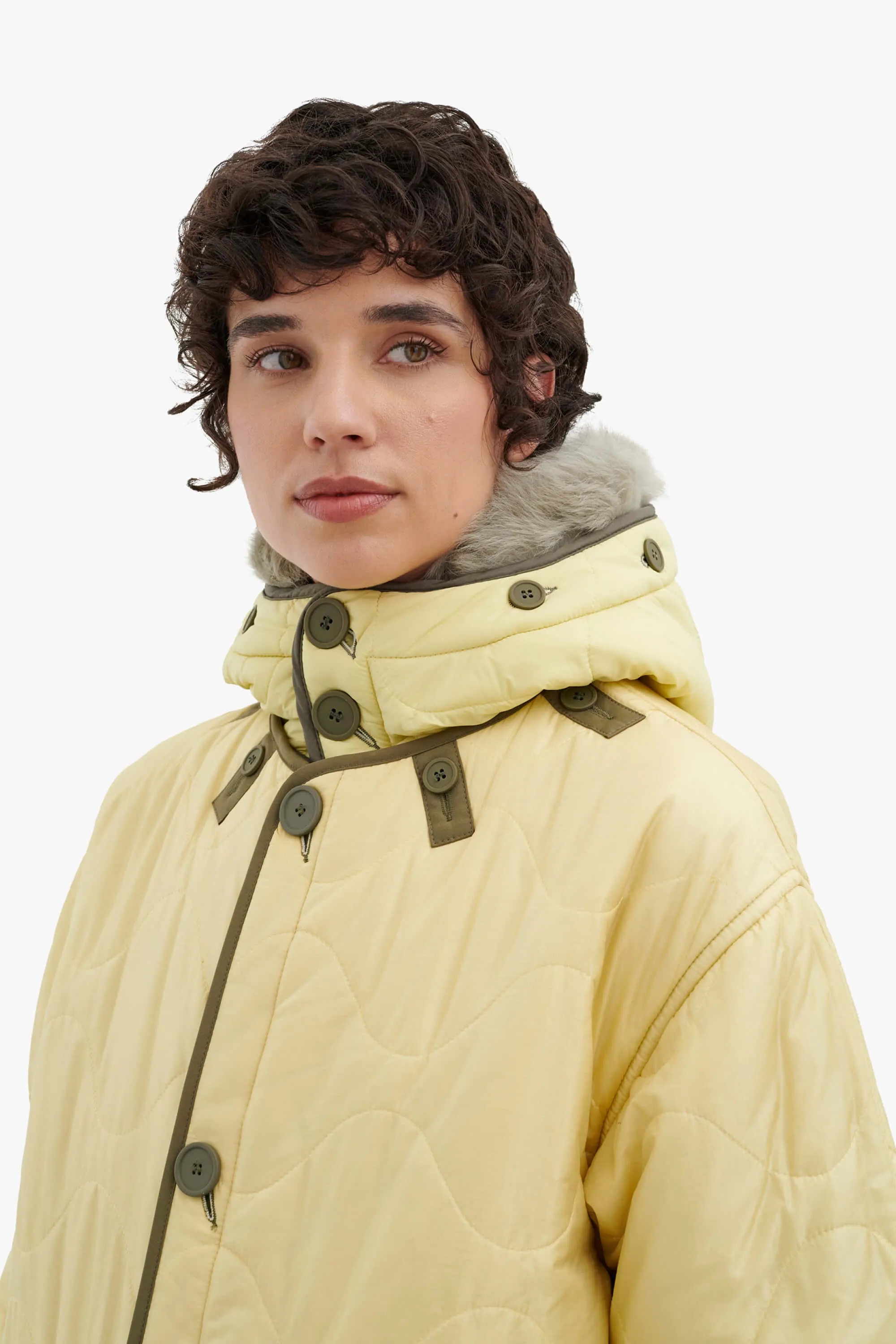 Quilt Hood Shearling Trim - Pale Sage / Pale Yellow