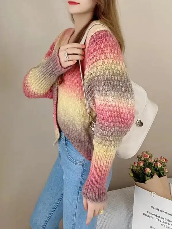 Rainbow Gradient Color Sweater Loose Lazy Long-sleeved V-neck Knit Cardigan