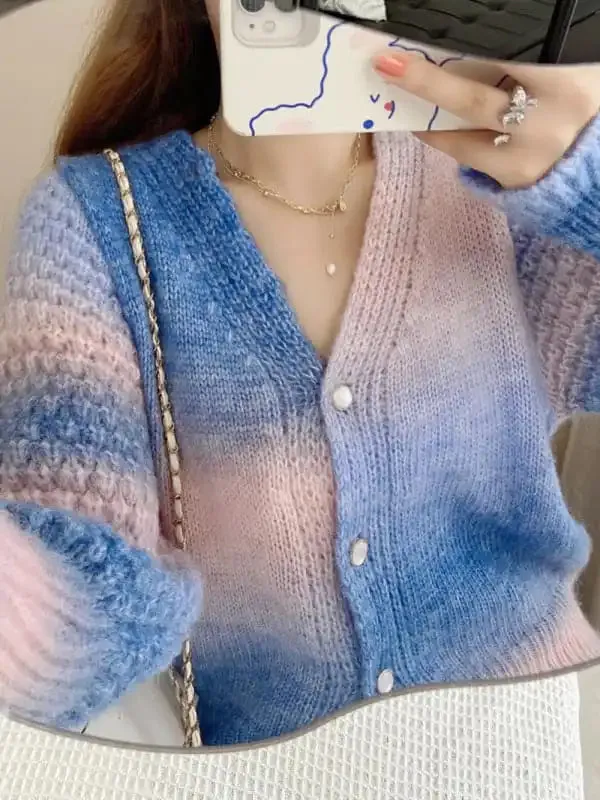 Rainbow Gradient Color Sweater Loose Lazy Long-sleeved V-neck Knit Cardigan