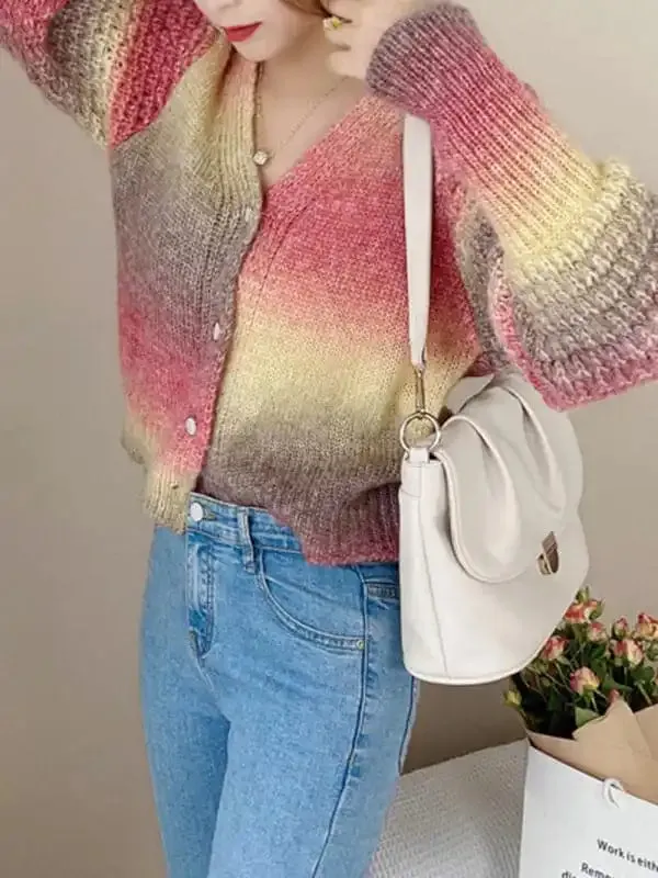 Rainbow Gradient Color Sweater Loose Lazy Long-sleeved V-neck Knit Cardigan