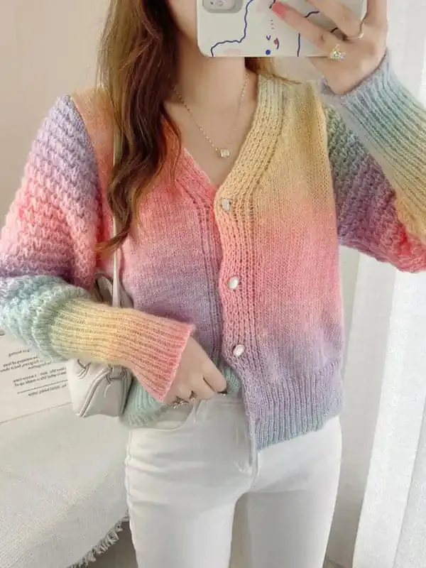 Rainbow Gradient Color Sweater Loose Lazy Long-sleeved V-neck Knit Cardigan