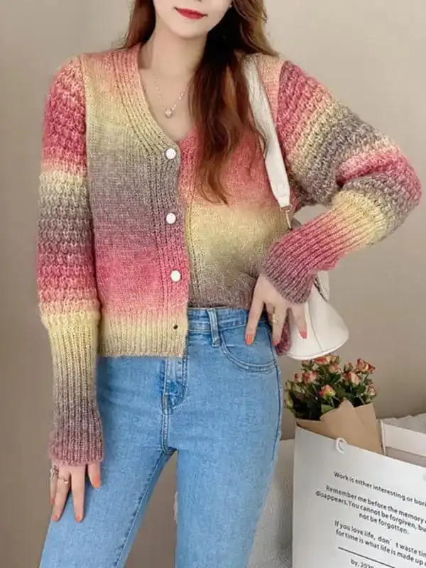 Rainbow Gradient Color Sweater Loose Lazy Long-sleeved V-neck Knit Cardigan