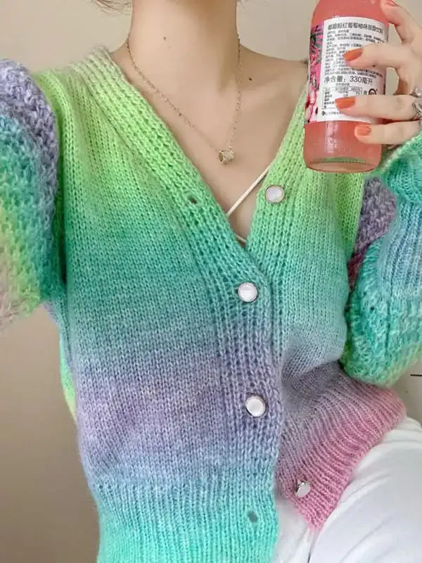 Rainbow Gradient Color Sweater Loose Lazy Long-sleeved V-neck Knit Cardigan
