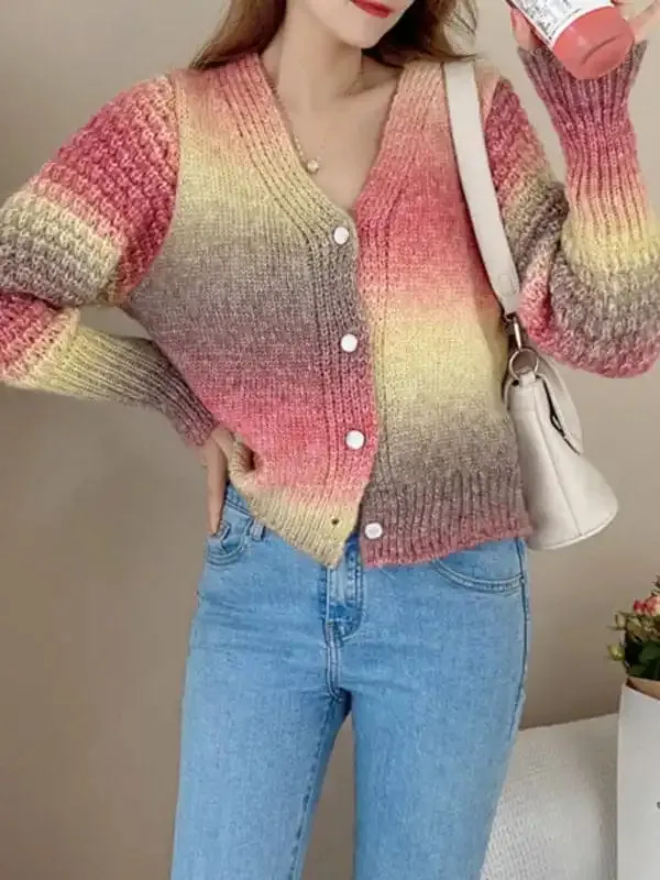 Rainbow Gradient Color Sweater Loose Lazy Long-sleeved V-neck Knit Cardigan