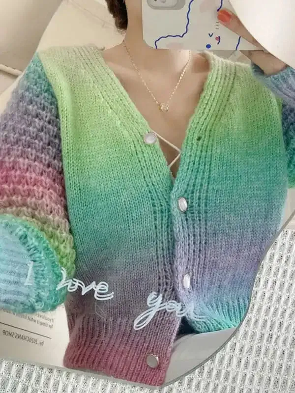 Rainbow Gradient Color Sweater Loose Lazy Long-sleeved V-neck Knit Cardigan