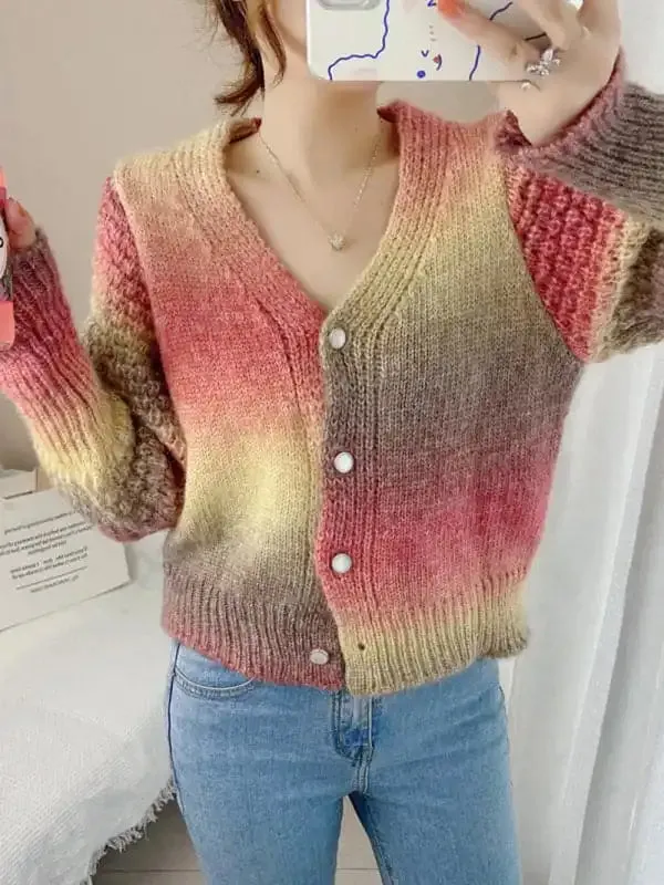 Rainbow Gradient Color Sweater Loose Lazy Long-sleeved V-neck Knit Cardigan