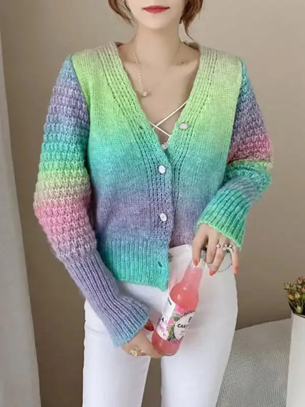 Rainbow Gradient Color Sweater Loose Lazy Long-sleeved V-neck Knit Cardigan