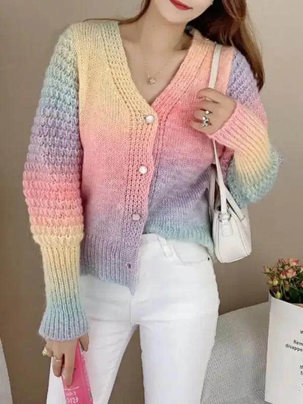 Rainbow Gradient Color Sweater Loose Lazy Long-sleeved V-neck Knit Cardigan