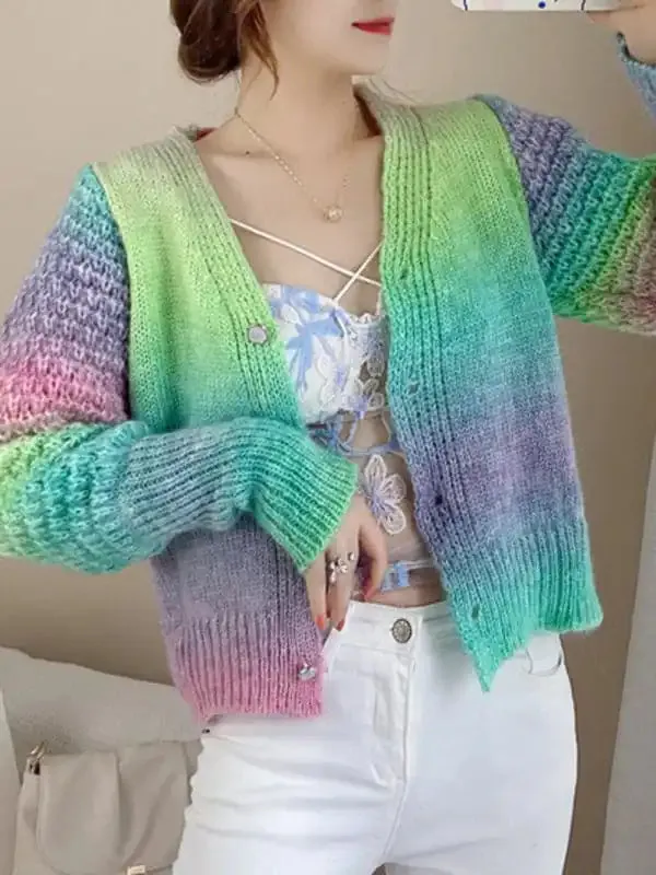 Rainbow Gradient Color Sweater Loose Lazy Long-sleeved V-neck Knit Cardigan